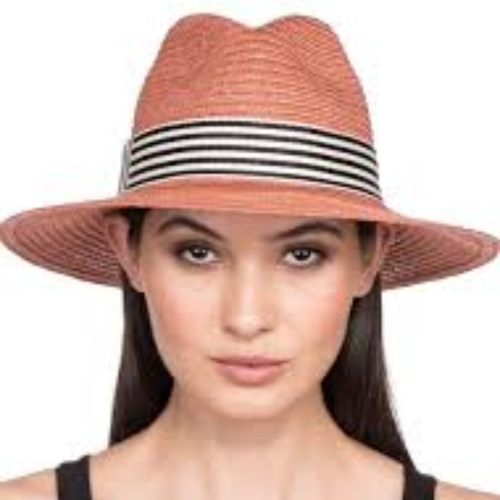 EUGENIA KIM Courtney Packable Hemp Fedora Hat w/ Wide Striped Band